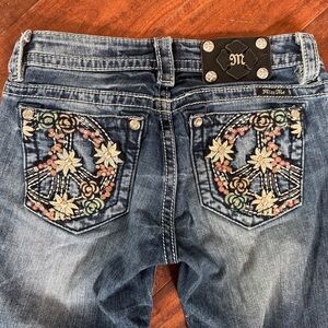 Miss Me Women's Boot Cut Floral Peace Sign Jeans